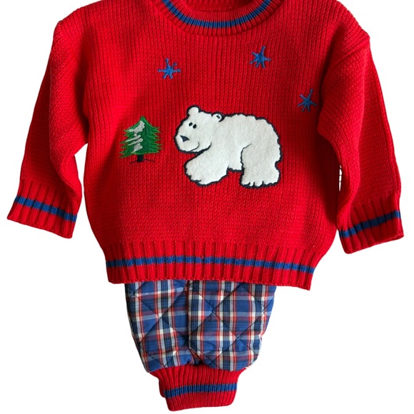 UNISEX Sweater and Pants Set Red White Blue Knit Top Quilted Plaid Bottoms NEW - Picture 2 of 15